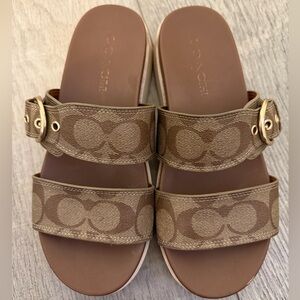Coach Tan/Brown Signature Jacquard Double Strap Slide Sandals